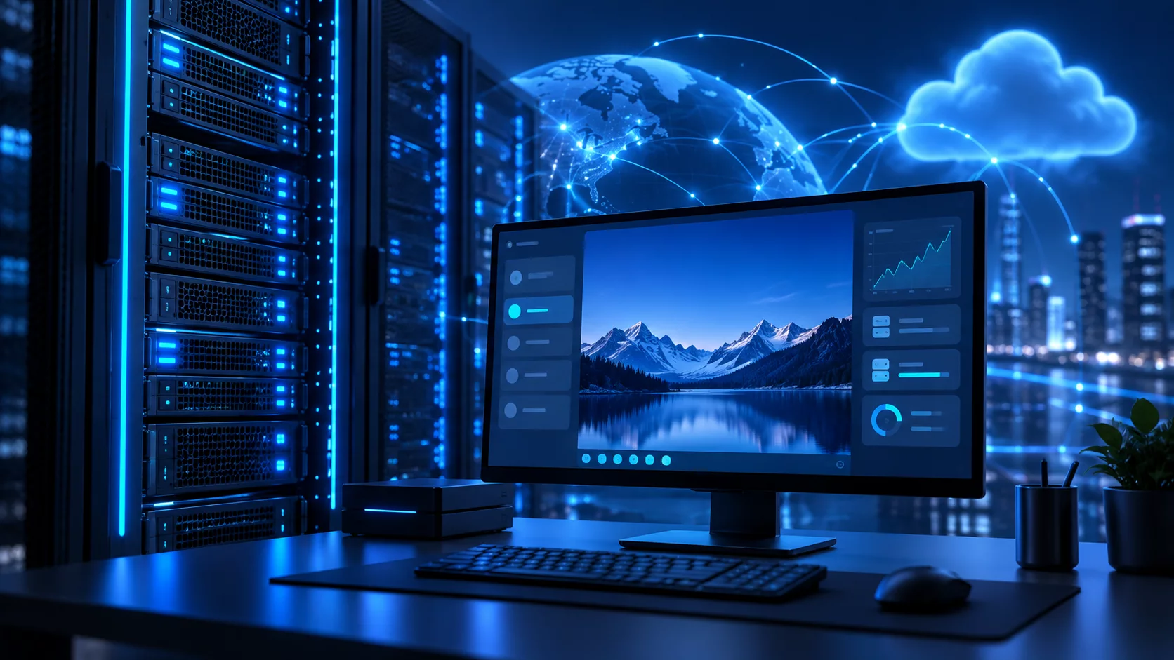 Blue-lit VPS server and remote desktop workspace